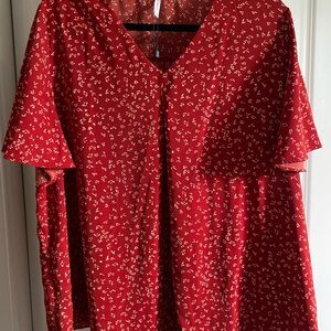 Red Floral Short Sleeve Blouse